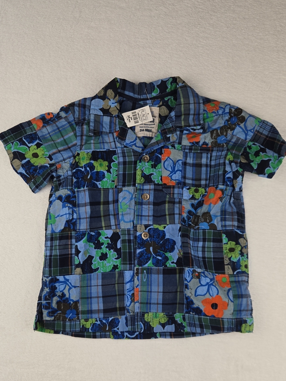 NWT The Children's Place Button Down Blue Shirt Size 24M Patchwork